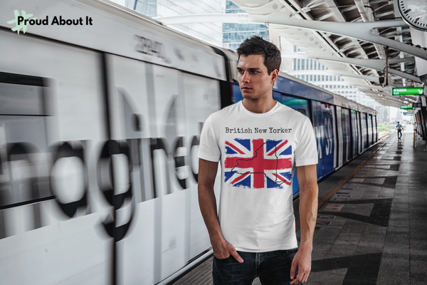 man at subway wearing a white British New Yorker Unisex T-Shirt - British Ancestry, New York Style