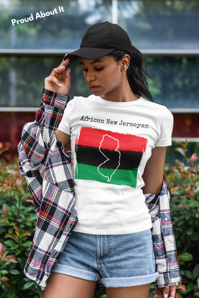 woman wearing a white African New Jerseyan Unisex T-Shirt – African Ancestry, New Jersey Pride