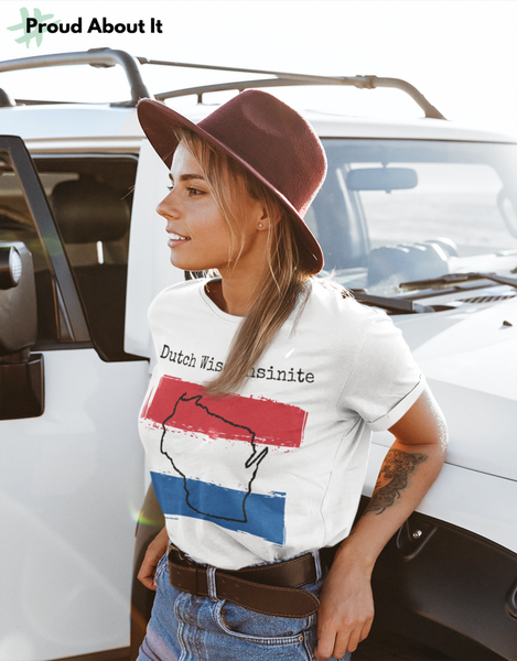 woman wearing a white Dutch Wisconsinite Unisex T-Shirt – Dutch Heritage, Wisconsin Pride