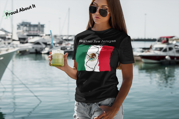 woman at the dock with a drink wearing a black Mexican New Jerseyan Unisex T-Shirt – Mexican Pride, New Jersey Pride