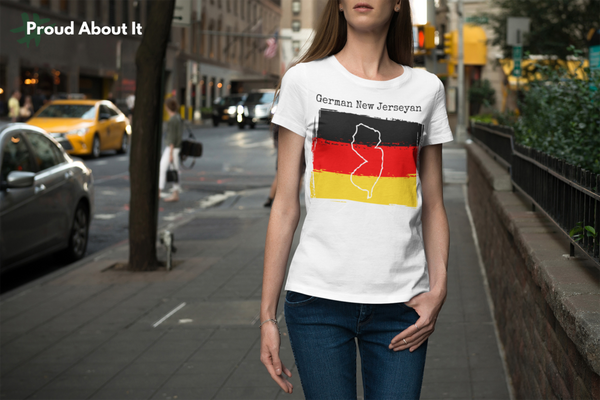 woman wearing a white German New Jerseyan Unisex T-Shirt – German Ancestry, New Jersey Pride in the city