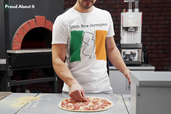 man making pizza wearing a white Irish New Jerseyan Unisex T-Shirt – Irish Pride, New Jersey Pride