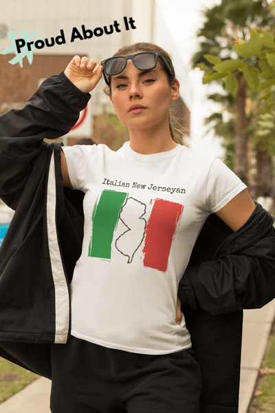 woman with sunglasses wearing a white Italian New Jerseyan Unisex T-Shirt - Italy Heritage, New Jersey Pride