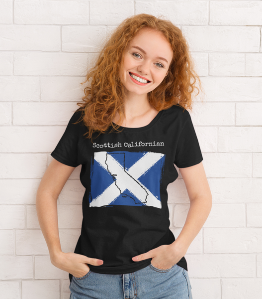 woman wearing a black Scottish Californian Unisex T-Shirt - Scottish Heritage, California Style