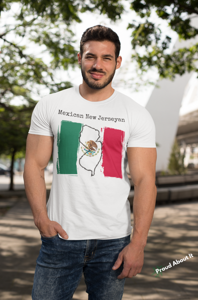 man wearing a white Mexican New Jerseyan Unisex T-Shirt – Mexican Pride, New Jersey Pride