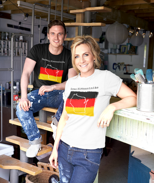man wearing black, woman wearing white German Wisconsinite Unisex T-Shirt - Germany Ancestry, Wisconsin Pride
