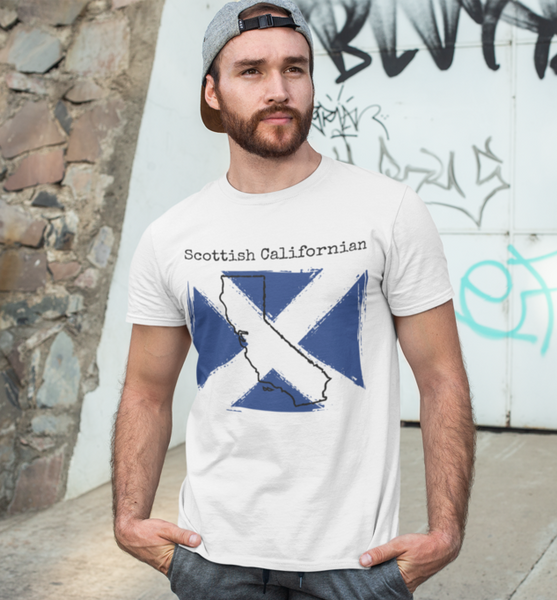 man wearing a white Scottish Californian Unisex T-Shirt - Scottish Heritage, California Style