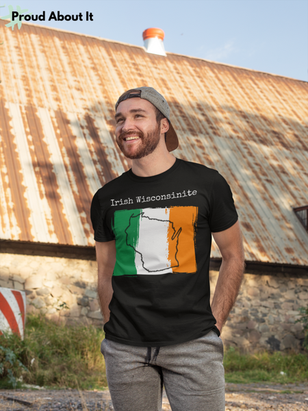 man wearing a black Irish Wisconsinite Unisex T-Shirt – Irish Pride, Wisconsin Pride