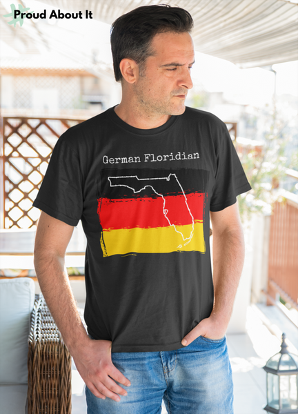 man wearing dark heather grey German Floridian Unisex T-Shirt – German Ancestry, Florida Pride