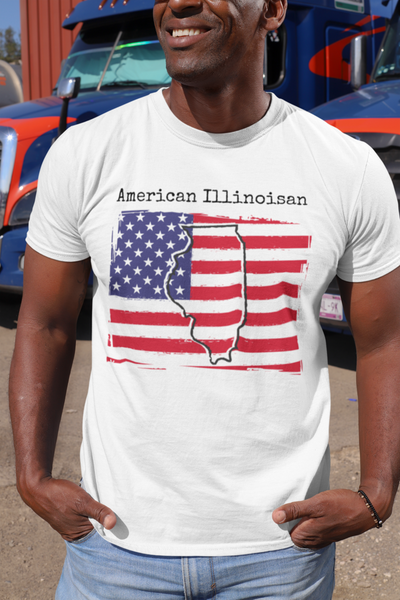 man wearing a white American Illinoisan Unisex T-Shirt – American Pride, Illinois Pride