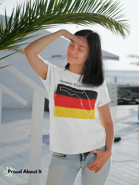 woman wearing German Floridian Unisex T-Shirt – German Ancestry, Florida Pride