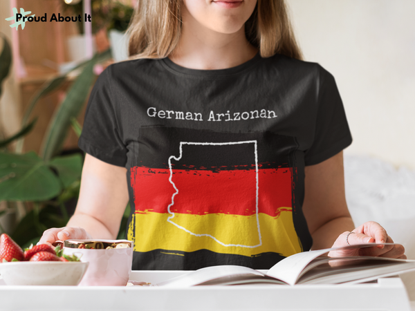 woman wearing a dark heather grey German Arizonan Unisex T-Shirt – German Ancestry, Arizona Pride