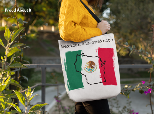 woman in the park carrying a Mexican Wisconsinite Tote - Mexican Pride, Wisconsin Pride