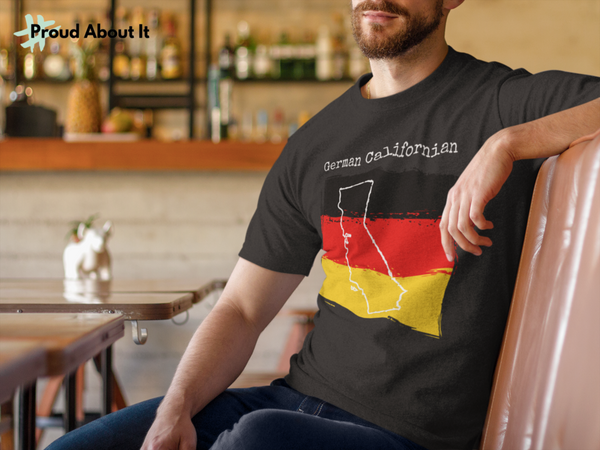 man wearing a dark heather grey German Californian Unisex T-Shirt - German Ancestry, California Style