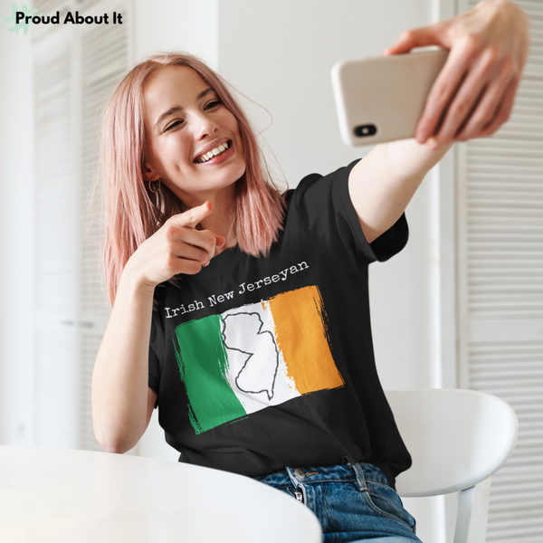 woman taking a selfie wearing a black Irish New Jerseyan Unisex T-Shirt – Irish Pride, New Jersey Pride