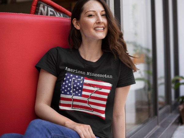 woman wearing a black American Minnesotan Unisex T-Shirt – American Pride, Minnesota Pride