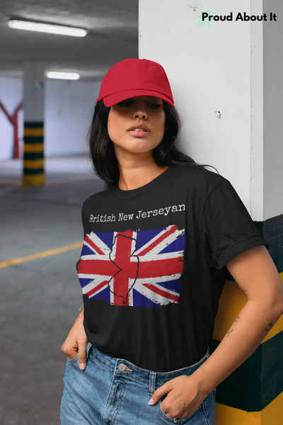 woman wearing a black British New Jerseyan Unisex T-Shirt - British Ancestry, New Jersey Pride