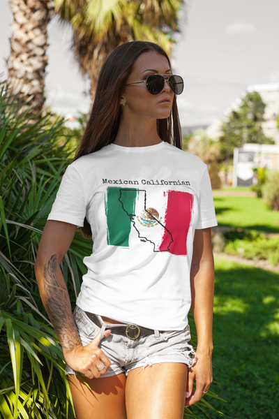 woman wearing a white Mexican Californian Unisex T-Shirt - Mexican Pride, California Style